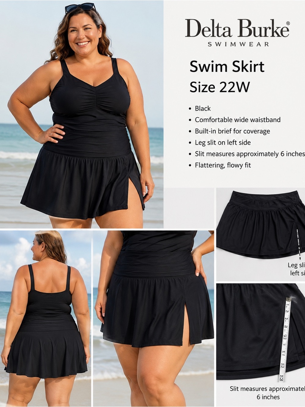 Delta Burke Black Swim Skirt with Built-In Shorts, 22W